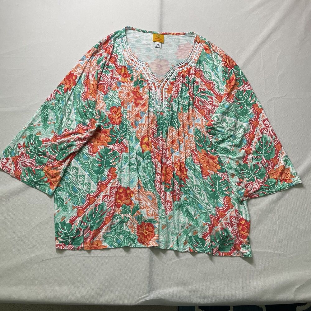 Ruby Rd. Woman Tropical Floral V-Neck 3/4 Sleeve Top Multicolor Size 3X